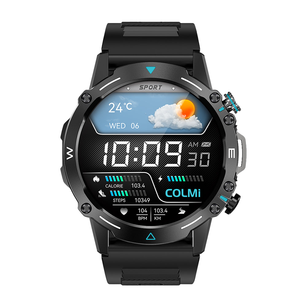 Svart Colmi M42 smartklocka med tunn design, 100+ sportlägen och 10 dagars batteritid.
