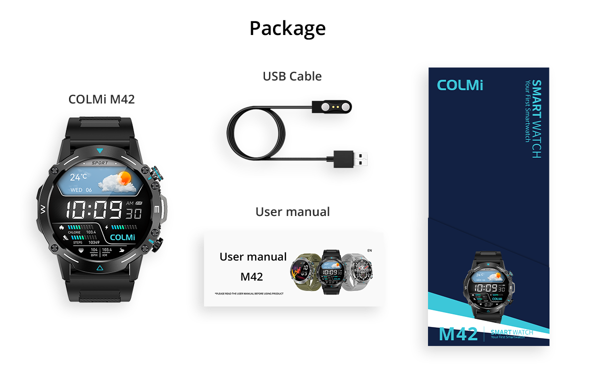 Colmi M42 smartklocka medföljer i lådan inklusive klocka, laddningskabel och tillbehör, med slimmad design, 100+ sportlägen och 10 dagars batteritid.